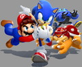 An Egg Pawn playing Rugby Sevens with Mario, Sonic, and Boom Boom in Mario & Sonic at the Rio 2016 Olympic Games for the Wii U