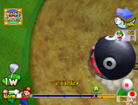 A Chain Chomp hazard in Mario Golf: Toadstool Tour