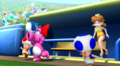 Birdo, Daisy, Red Toad, Blue Toad, and Birdo storm in after the final out of the game.