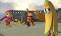 Trophies of Xananab, Dixie Kong, a Banana Peel, and Diddy Kong in a Super Smash Bros. Brawl video screenshot