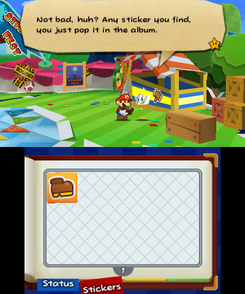 Screenshot of Kersti giving the player the sticker album in Paper Mario: Sticker Star.