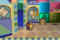 Image of Mario revealing a hidden ? Block in Shy Guy's Toy Box, in Paper Mario.