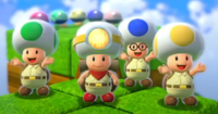 Captain Toad and the Toad Brigade completing a Captain Toad's Adventures level in Super Mario 3D World + Bowser's Fury