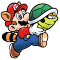 Raccoon Mario carrying a Green Shell