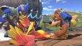 Banjo slamming down Kazooie to attack Falco in Super Smash Bros. Ultimate