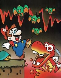 Artwork of Mario encountering a Blargg in a lava cavern in Super Mario World; some Swoopers are flying at Mario.