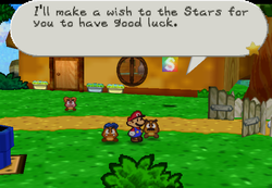 Goompapa wishing Mario good luck in Goomba Village.