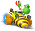 Yoshi preparing to toss a Red Shell in the Bumble V.