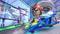 Captain Falcon outfit for Mii in a Blue Falcon – unlocked via amiibo