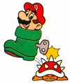 Mario in a Goomba's Shoe, stomping a Spiny (Nintendo Power Strategy Guide)