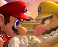 Wario and Mario face-off in Super Mario Strikers