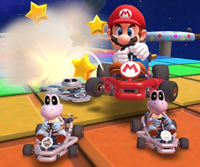 Thumbnail of the Baby Luigi Cup challenge from the Snow Tour; a Smash Small Dry Bones bonus challenge set on RMX Rainbow Road 2 (Later reused for the September 2021 Sydney Tour's Peachette Cup)