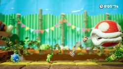 Yoshi fighting Spike the Piranha in the Yoshi's Crafted World boss level Spike the Piranha.