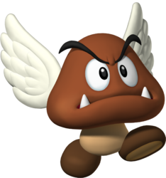 Artwork of a Paragoomba in New Super Mario Bros. (later reused in Mario Super Sluggers and New Super Mario Bros. Wii)