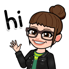 Digital avatar of a woman with brown hair in a bun, glasses, and a black jacket, waving and saying "hi" with a word bubble above her hand in the website footer. -Marly Bird