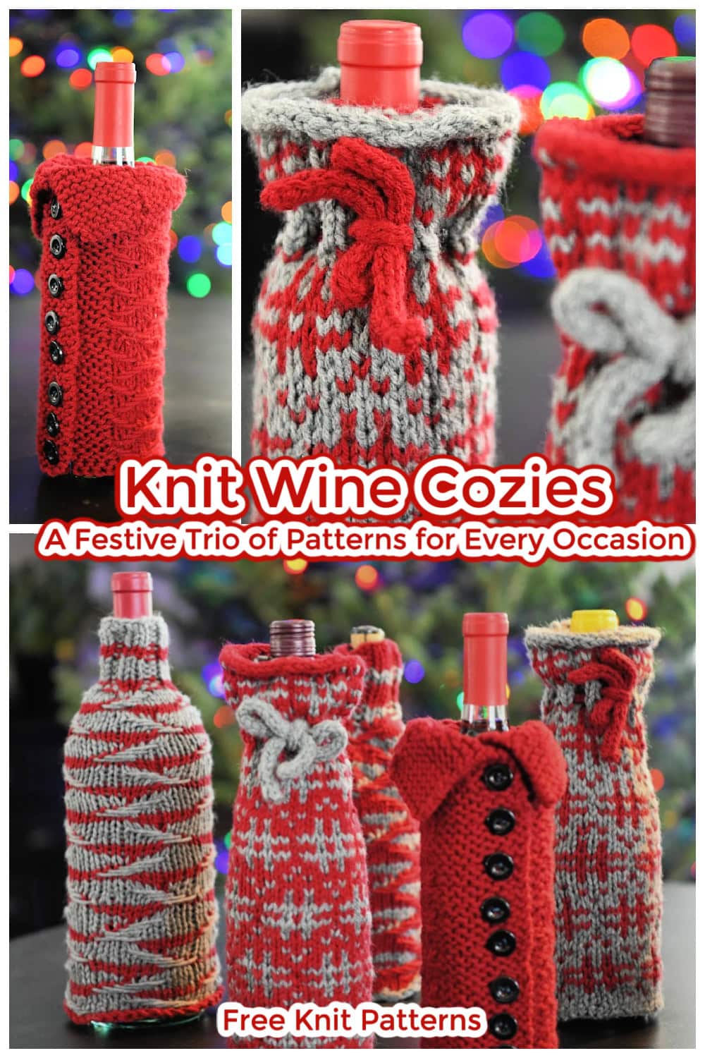 Collage of wine bottles wrapped in knit cozies with button and rope designs. The text reads "Festive Trio of Knit Wine Cozies: Patterns for Every Occasion" and "Free Knit Patterns." The background sparkles with colorful, blurred lights. -Marly Bird