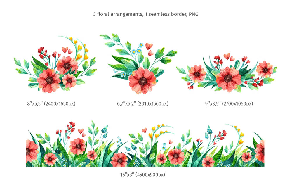 Spring Flowers Watercolor Clipart floral arrangements.