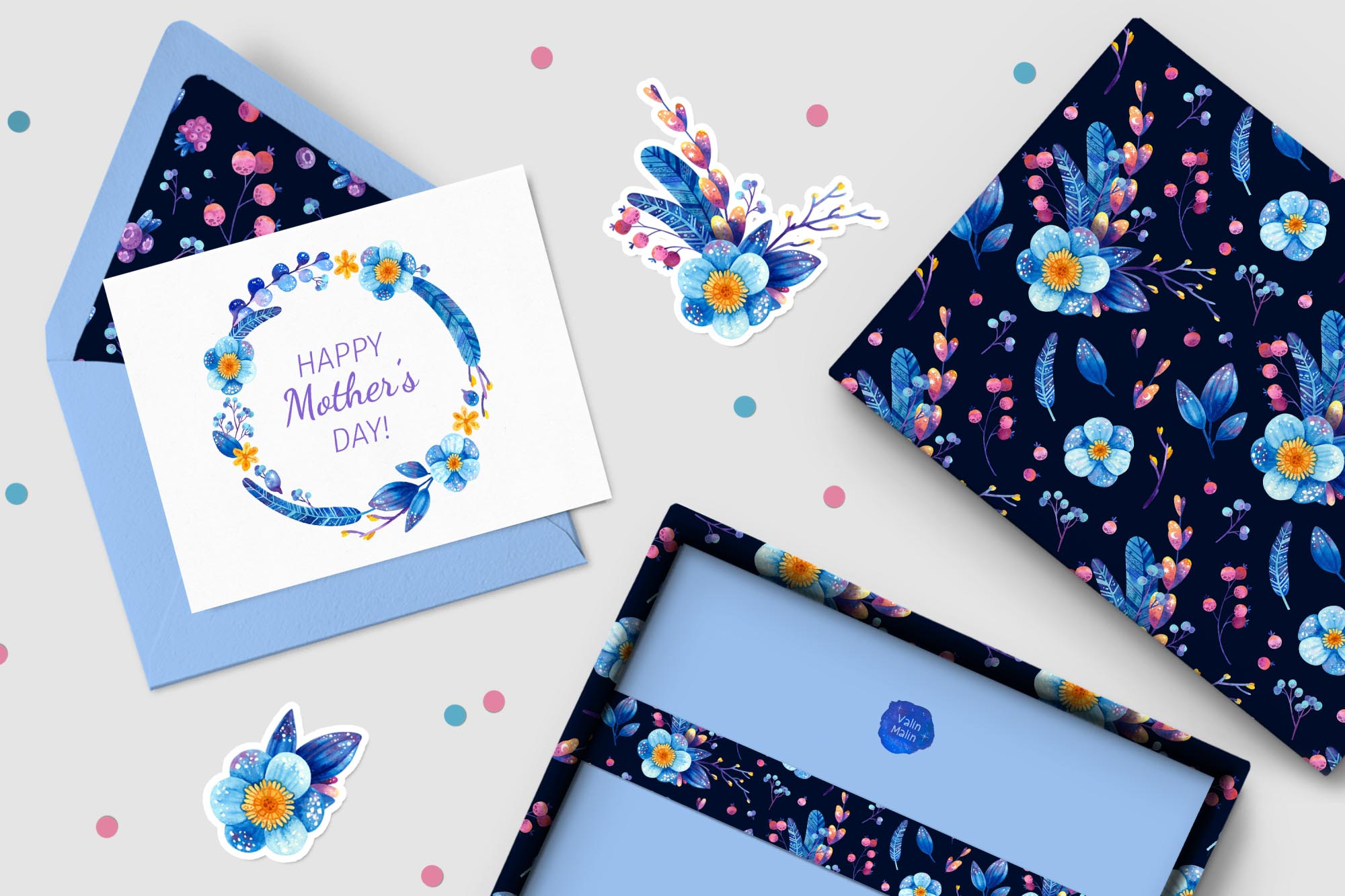 Blue flowers and berries watercolor mockup.