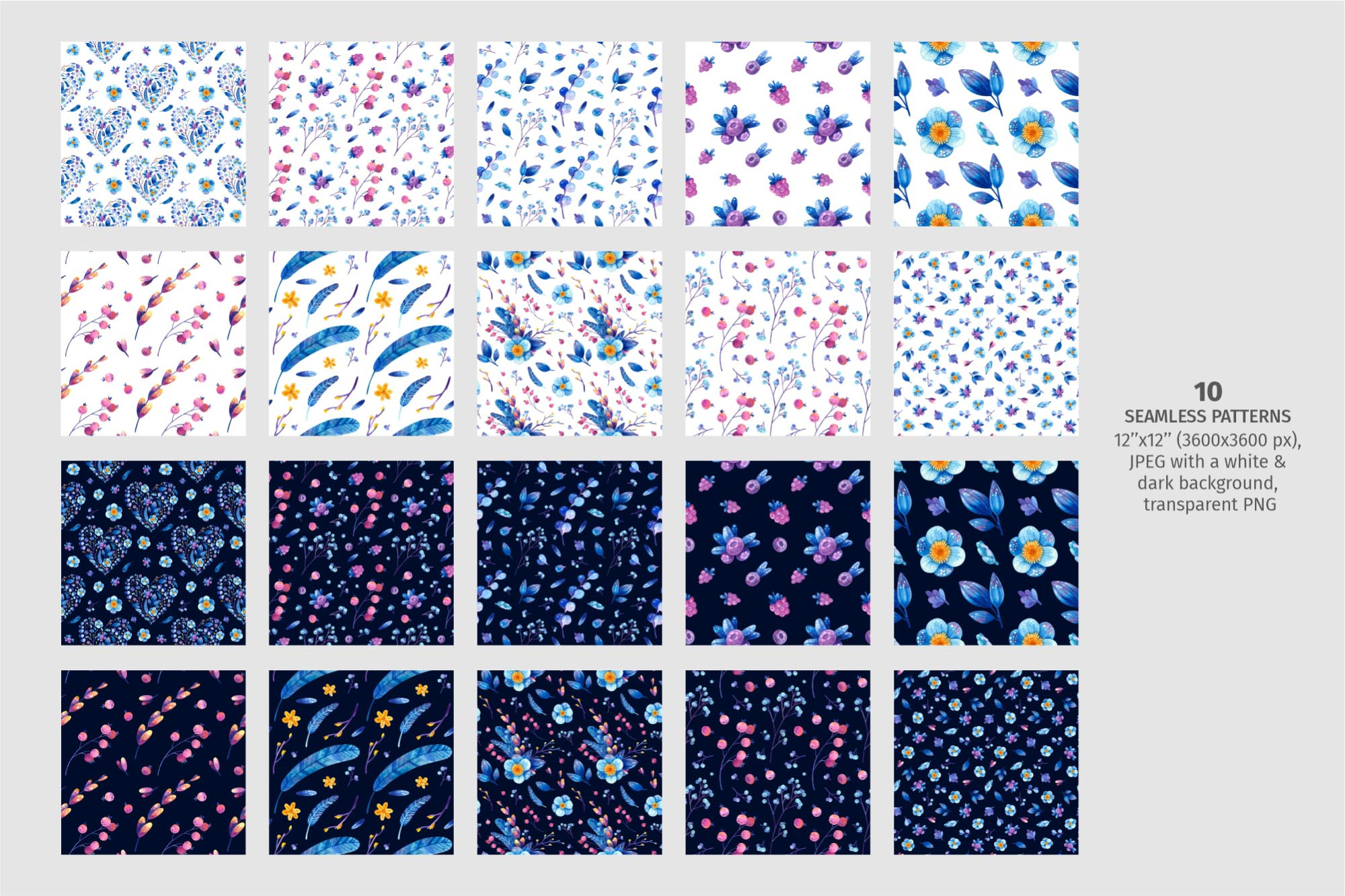 Blue flowers and berries watercolor patterns collection.