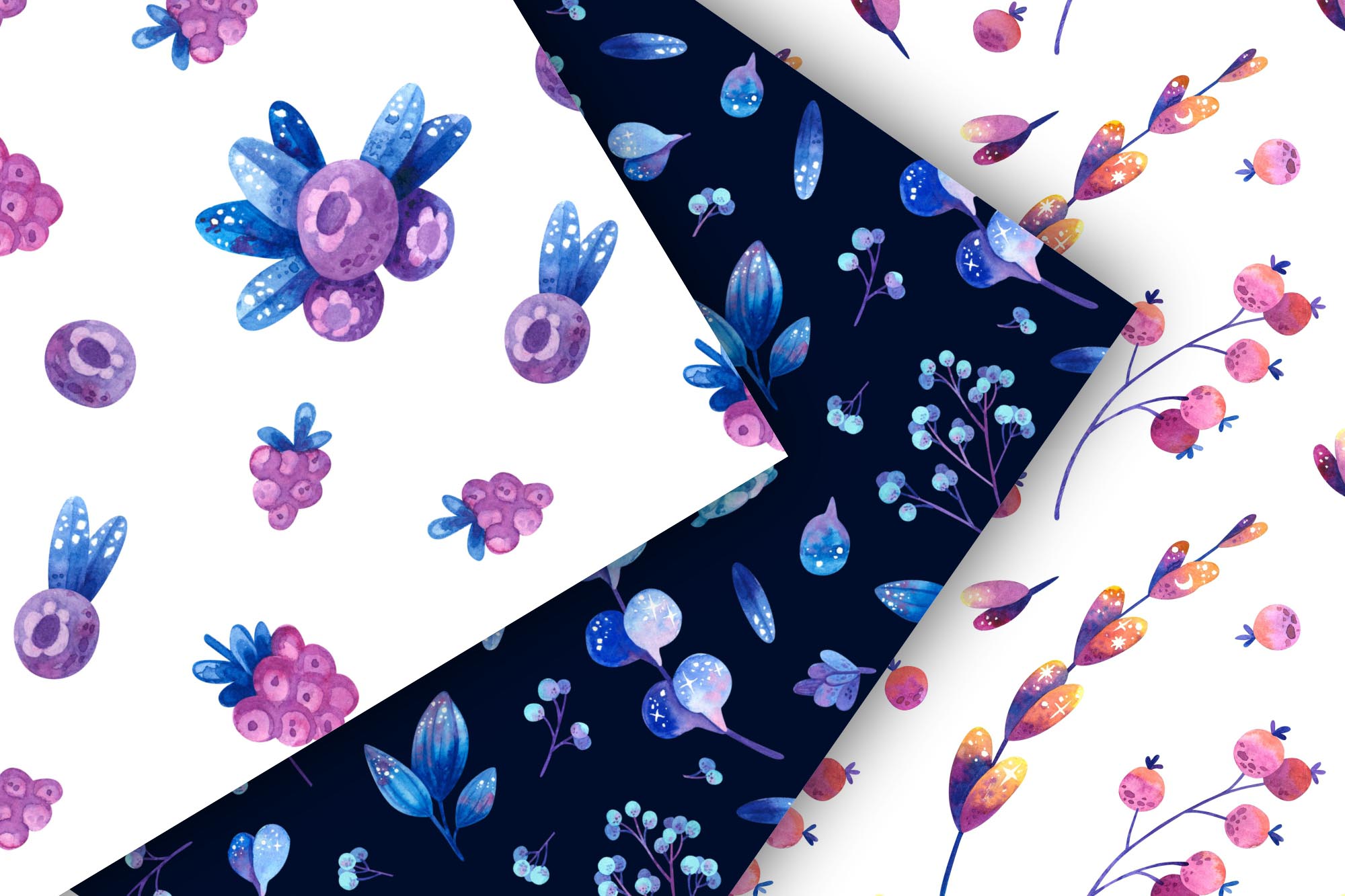 Blue flowers and berries patterns.