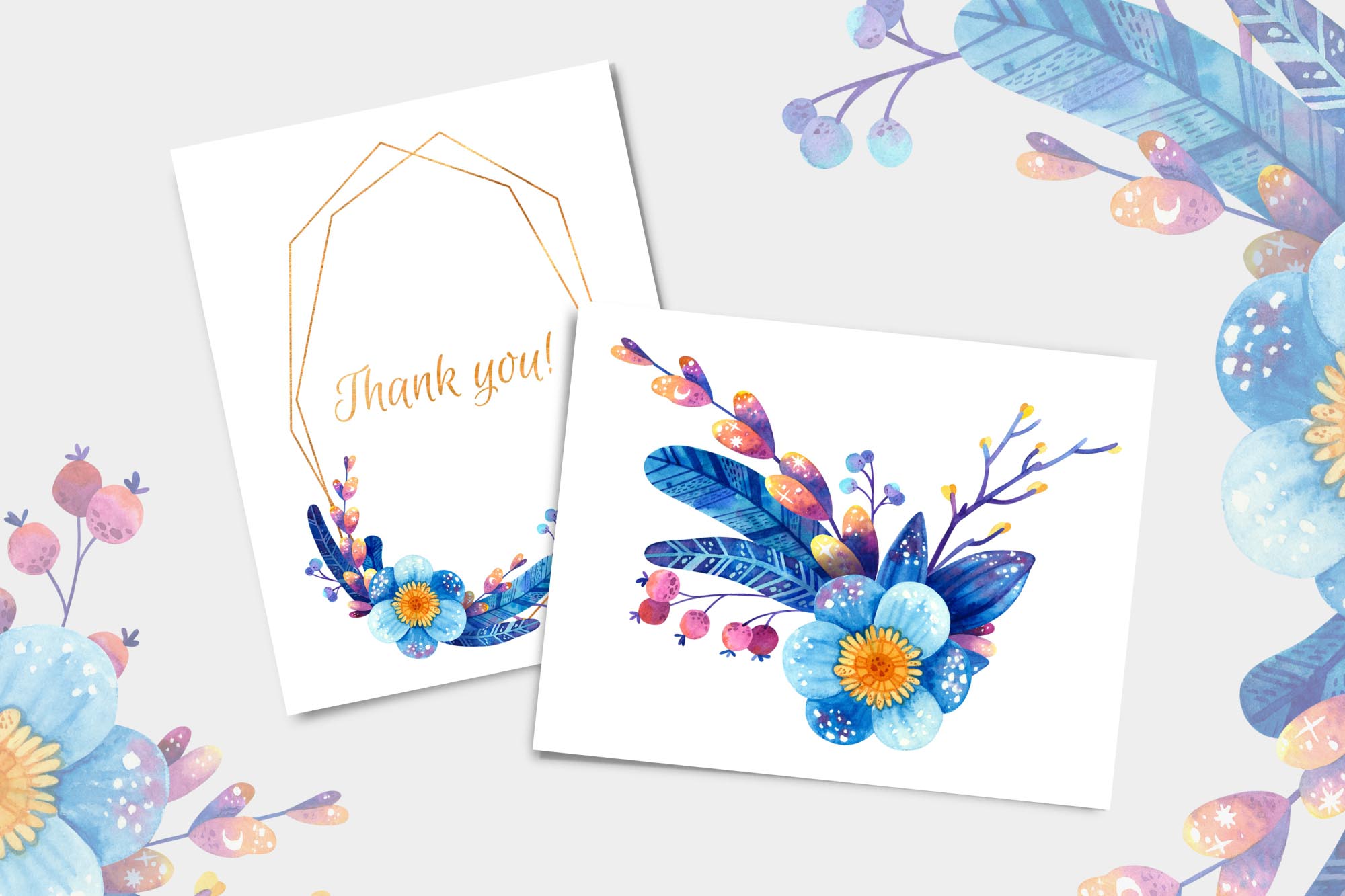 Blue flowers and berries cards.