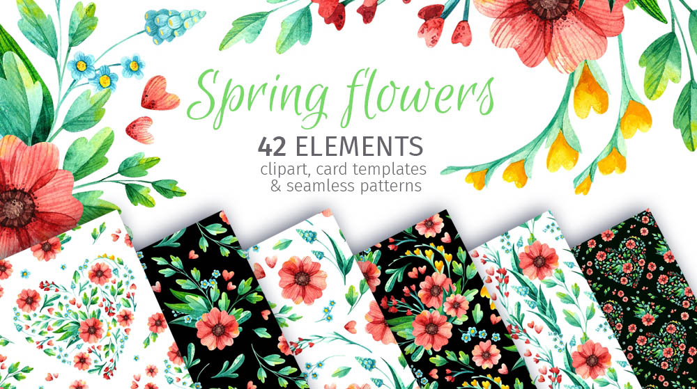 Spring Flowers Watercolor Clipart.