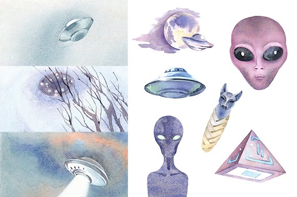 Watercolor UFO cliparts for articles cover image.