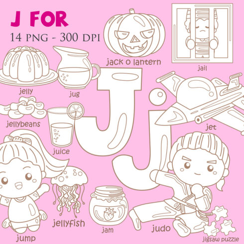 Alphabet J For Vocabulary School Letter Reading Writing Font Study Learning Student Toodler Kids Jump Judo Jigsaw Puzzle Jack O Lantern Jug Jellyfish Jellybeans Jet Juice Jam Girl Boy Cartoon Digital Stamp Outline cover image.