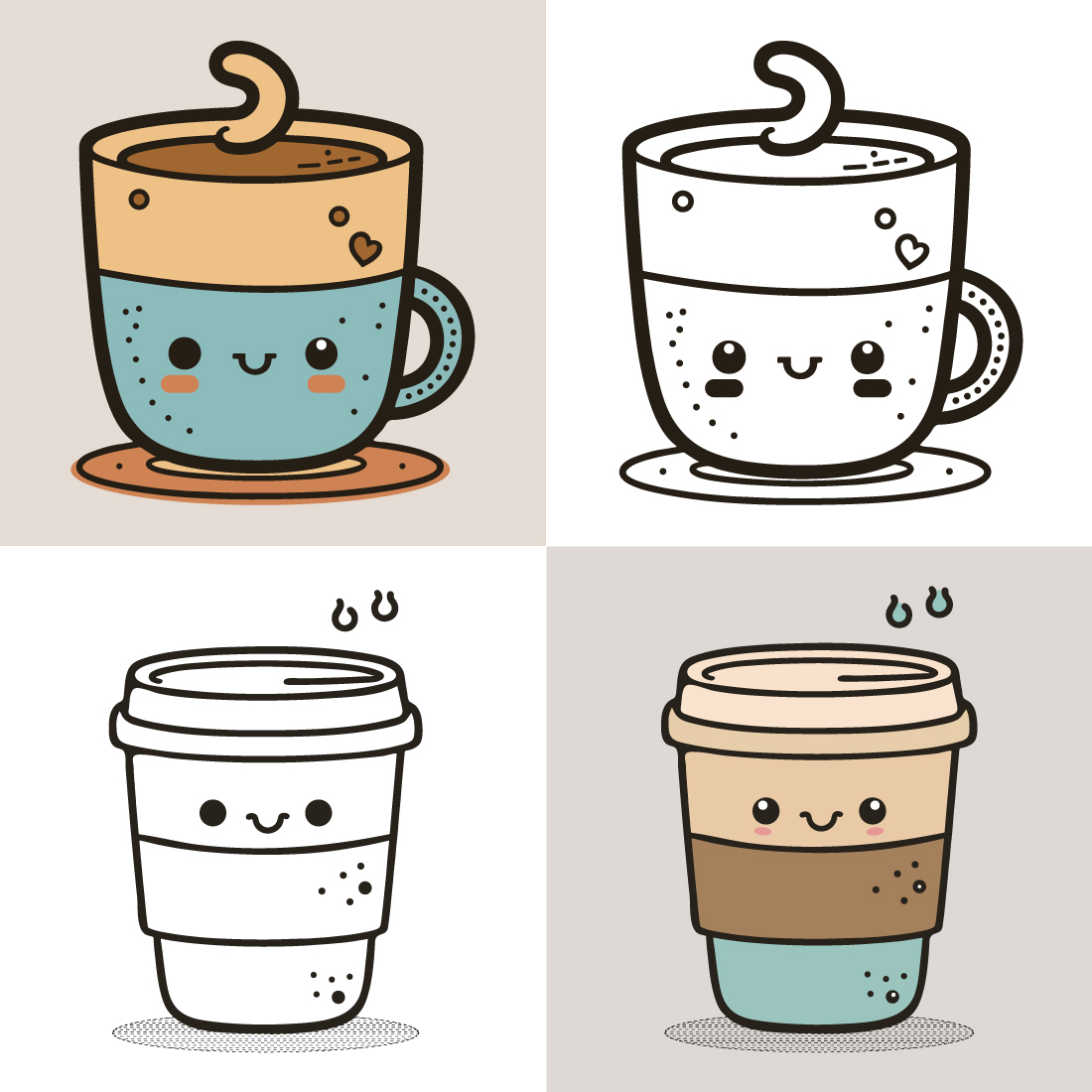 Coffee Cup Logo, Cute Coffee Cup Cartoon line art colorful Vector Illustration, Coffee cup icon design, Flat carton style, and Food and drink icon cover image.