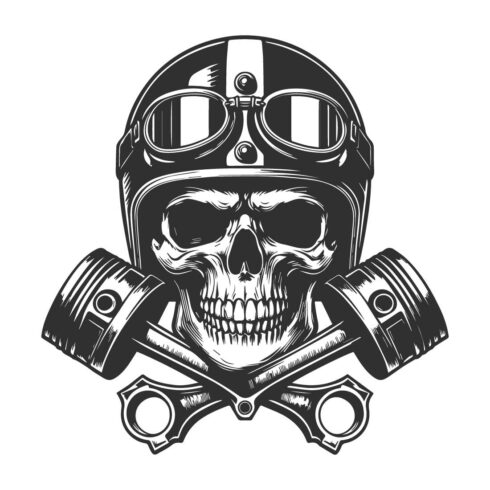 Skull wearing a vintage motorcycle helmet with goggles, crossed engine pistons beneath, black and white bold line art, helmet, and pistons, intense and bold design, isolated on a white background cover image.