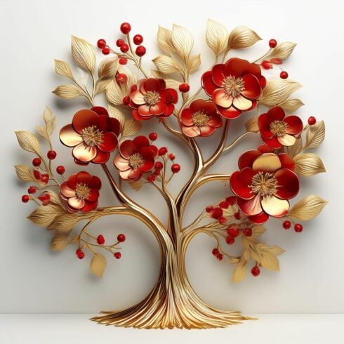 Elegant Golden Tree of Life with Vibrant Red Flowers cover image.