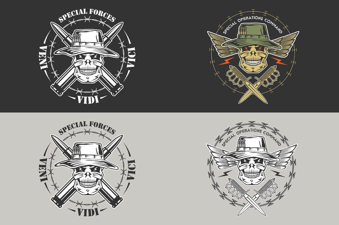 The skull of a military man smiles on the background of weapons.