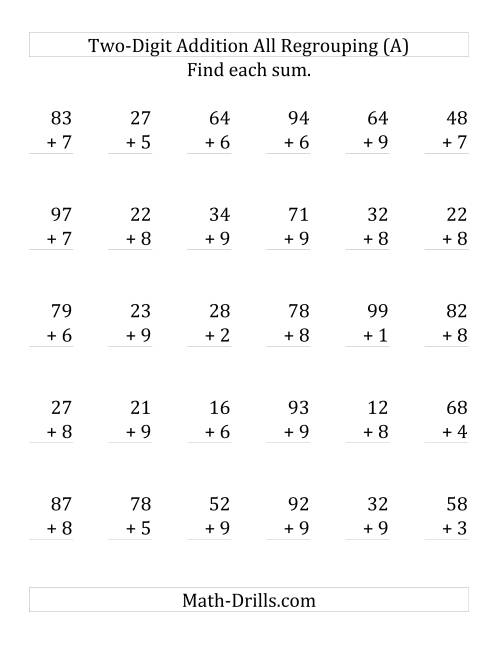 2-Digit Plus 1-Digit Addition with All Regrouping (LP)