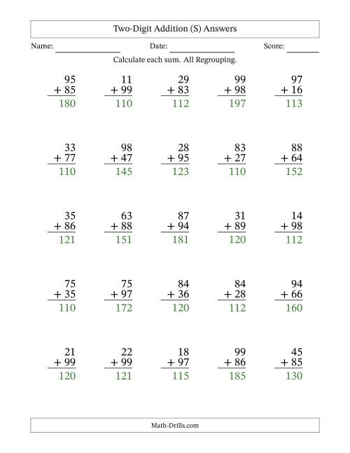 Two-Digit Addition With All Regrouping – 25 Questions (S)