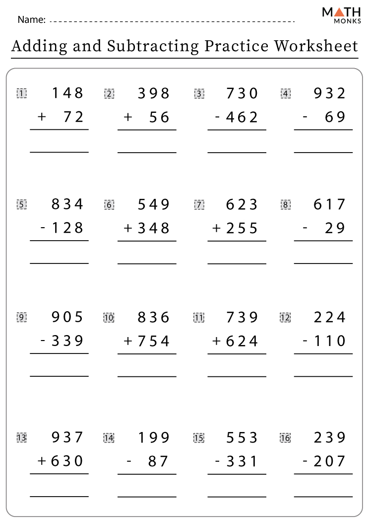 Addition and Subtraction Worksheets with Answer Key