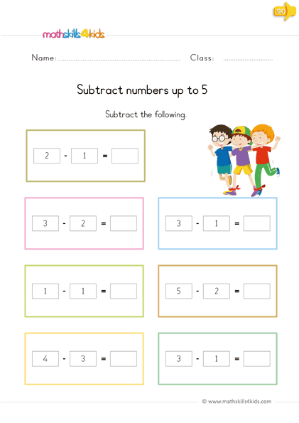 Kindergarten math: Subtracting within 5 worksheets