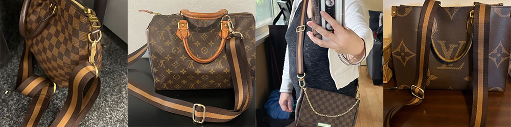 Photos of designer LV bags with fabric straps attached.