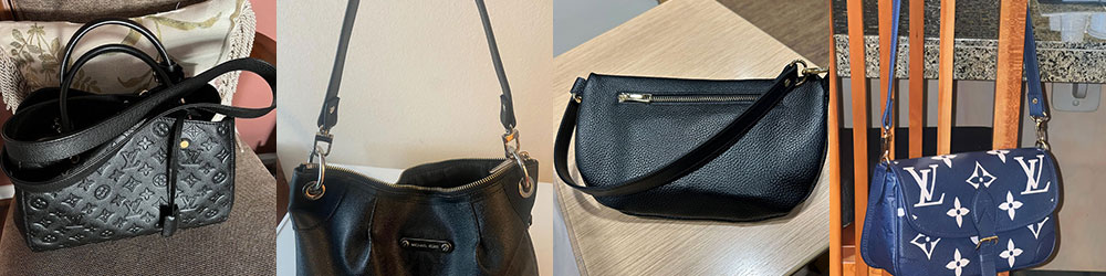 Photos of leather shoulder and crossbody straps attached to bags.