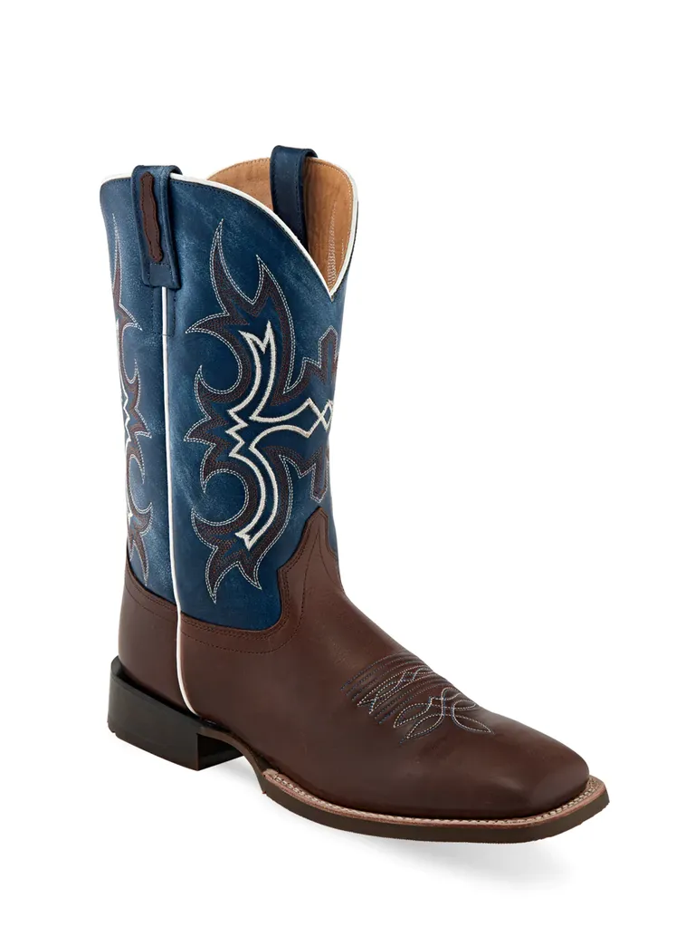 Sleek brown leather cowboy boots with blue detailing. 