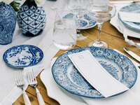 Blue and white china at a "something blue"-themed bridal shower