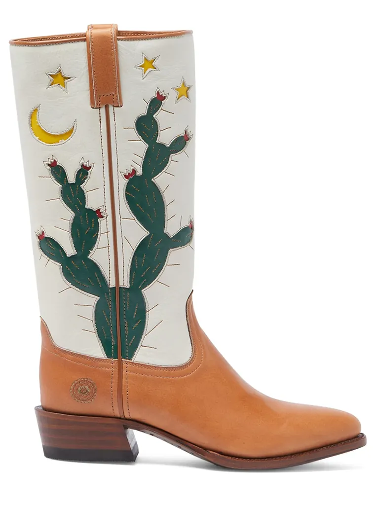 Stylish leather boots with a cactus print. 