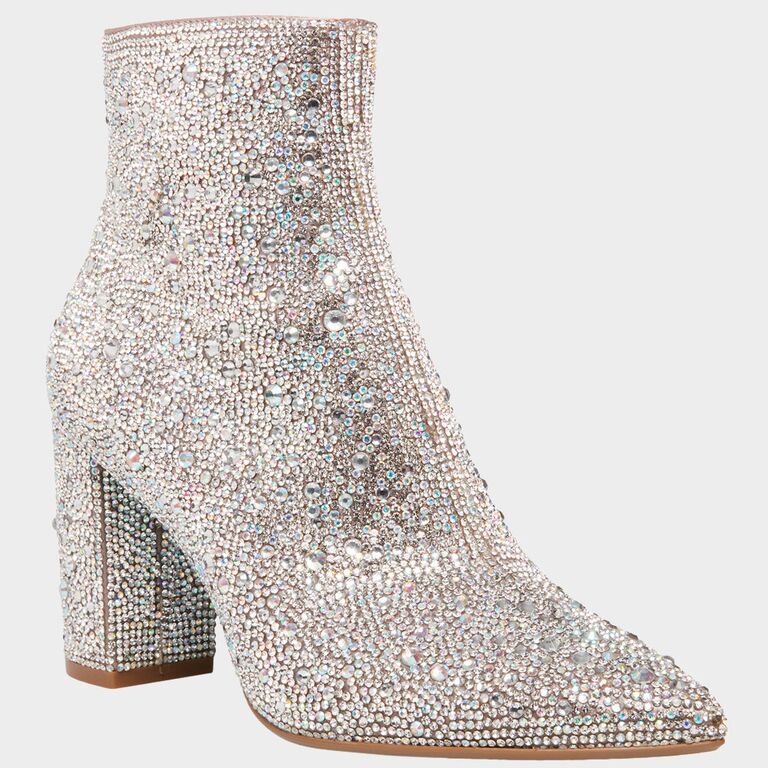 Rhinestone covered block heel booties by Betsey Johnson. 