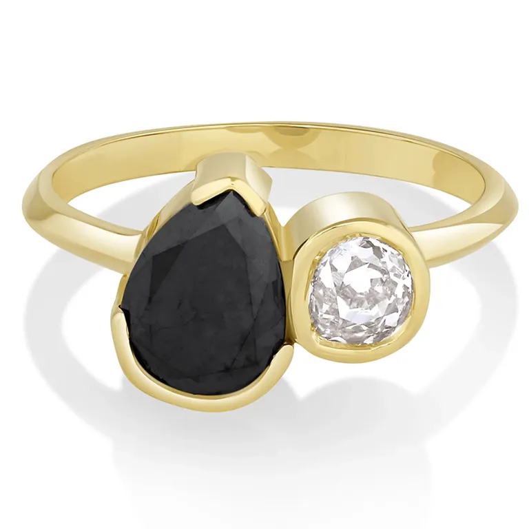 Black diamond pear and old mine cut toi et moi Taylor Swift inspired reputation engagement ring