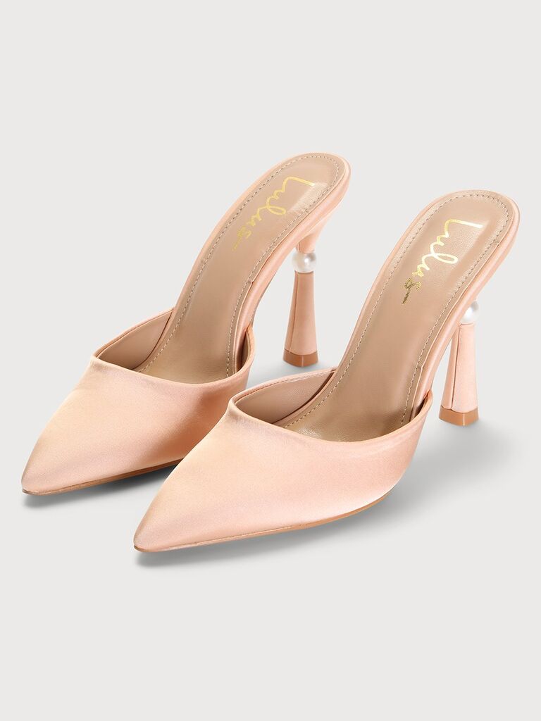 Lulus champagne satin pearl wedding mules