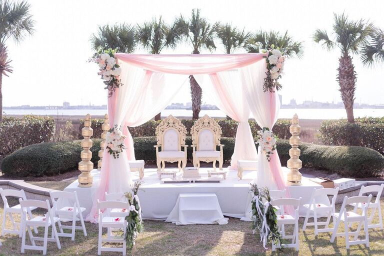 Blush mandap at beachfront venue