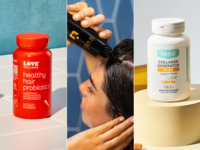 Collage of three hair growth products