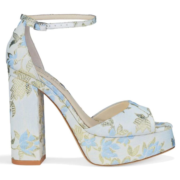 Blue floral print platform block heel wedding shoes by Bella Belle