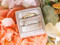 Wedding rings surrounded by flowers