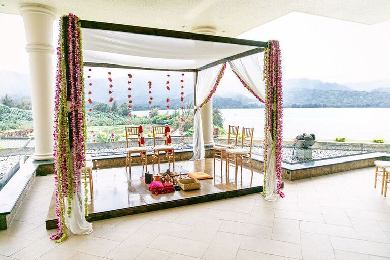 Simple mandap overlooking the water at a resort