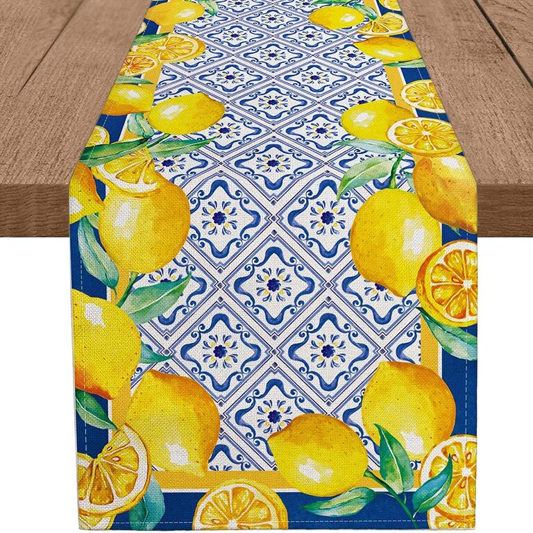 Blue and yellow table runner for lemon-themed bridal shower